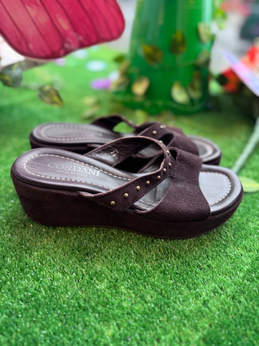 Cordani Women's Brown Suede Studded Wedge Sandals
